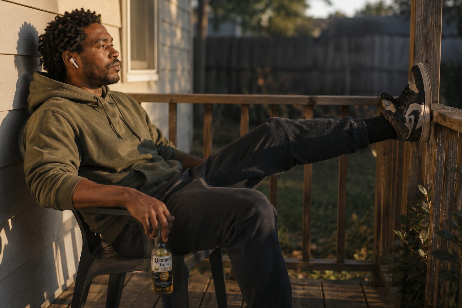 A man sits quietly in a dark home office.